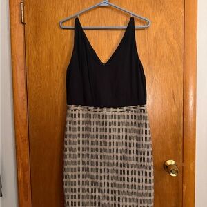 LOFT Black and Cream Patterned Midi Dress